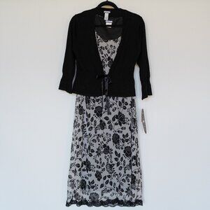 Vintage B.I.Y.A.Y.C.D.A. Black/Ivory Floral Sleeveless Dress with Cardigan